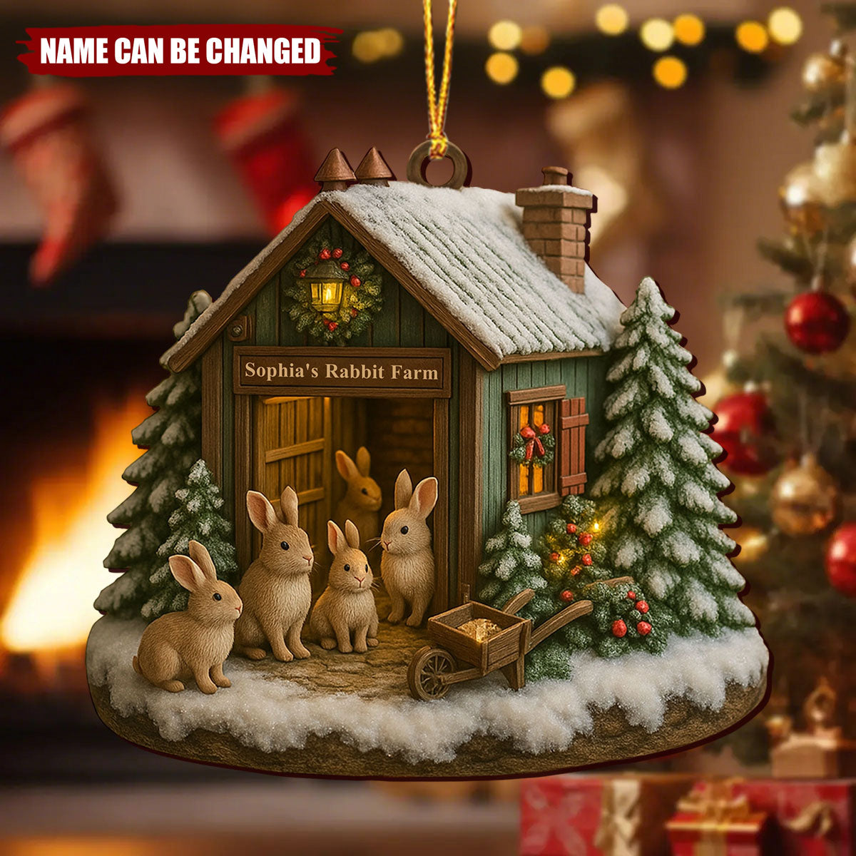 Cute Rabbit Farm Ornament With Christmas Trees - Personalized Wooden Ornament