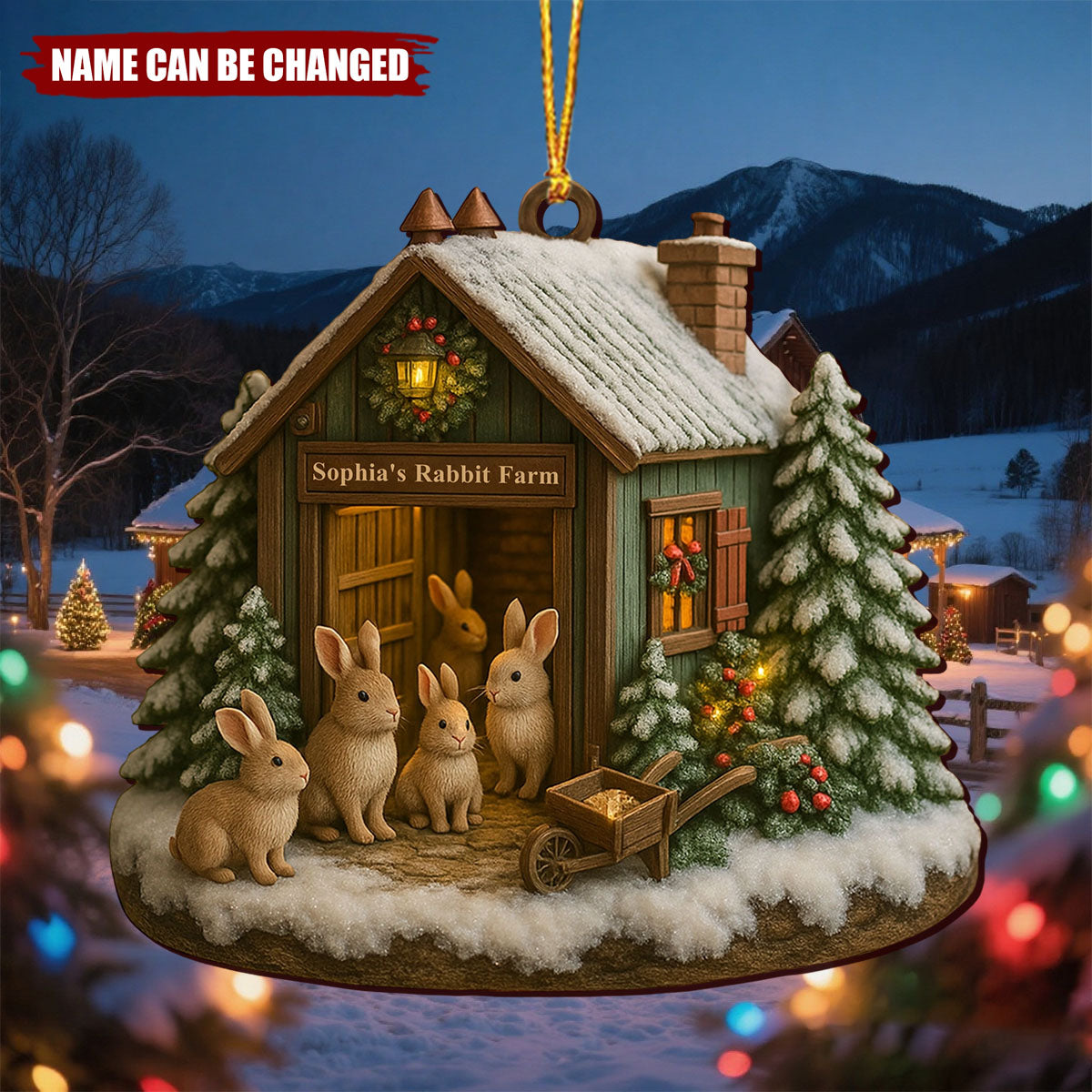 Cute Rabbit Farm Ornament With Christmas Trees - Personalized Wooden Ornament