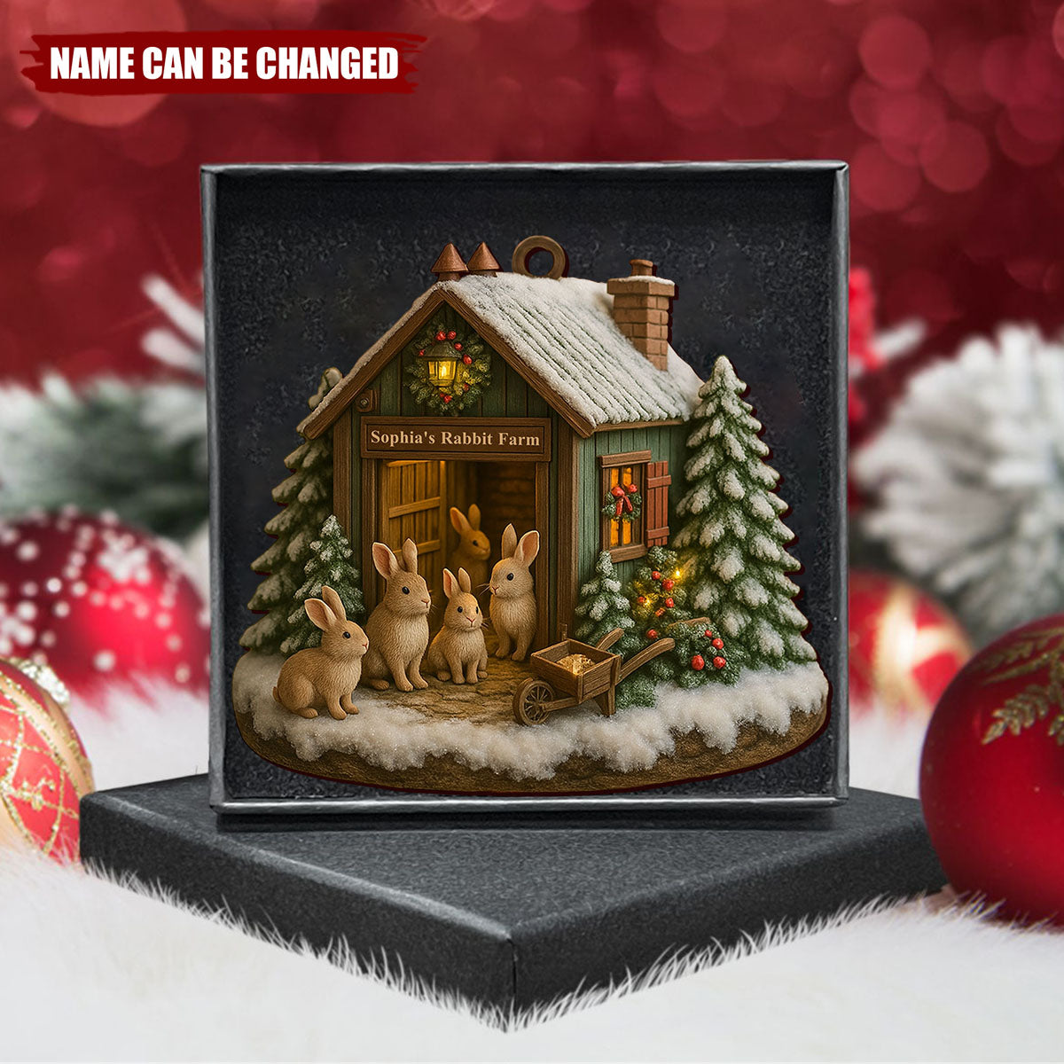 Cute Rabbit Farm Ornament With Christmas Trees - Personalized Wooden Ornament