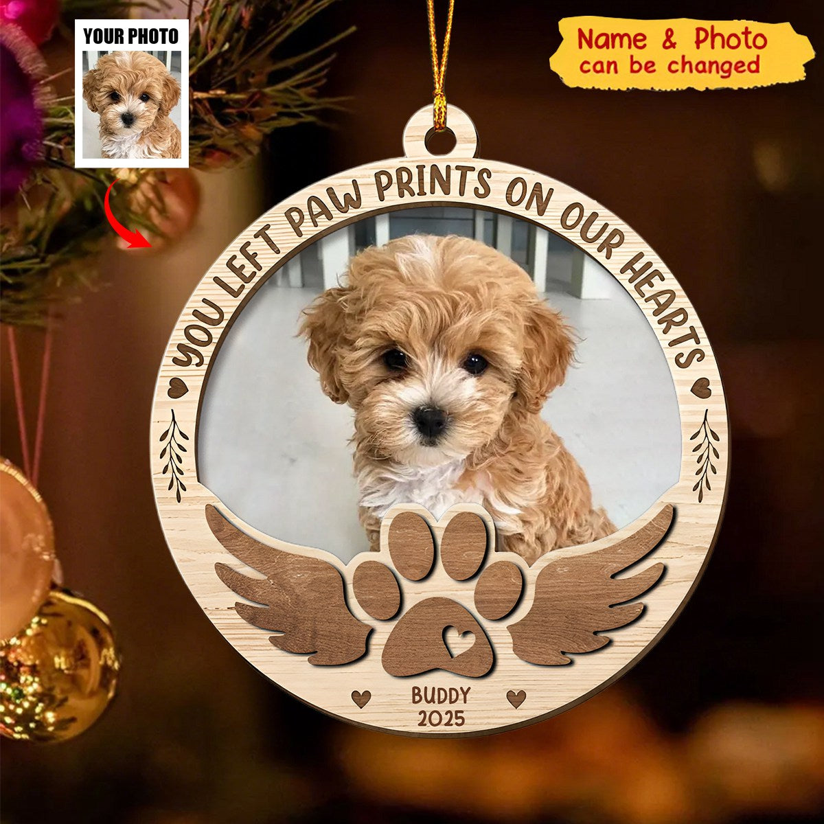 Paw Prints On My Heart - Personalized 2 Layers Wooden Photo Ornament