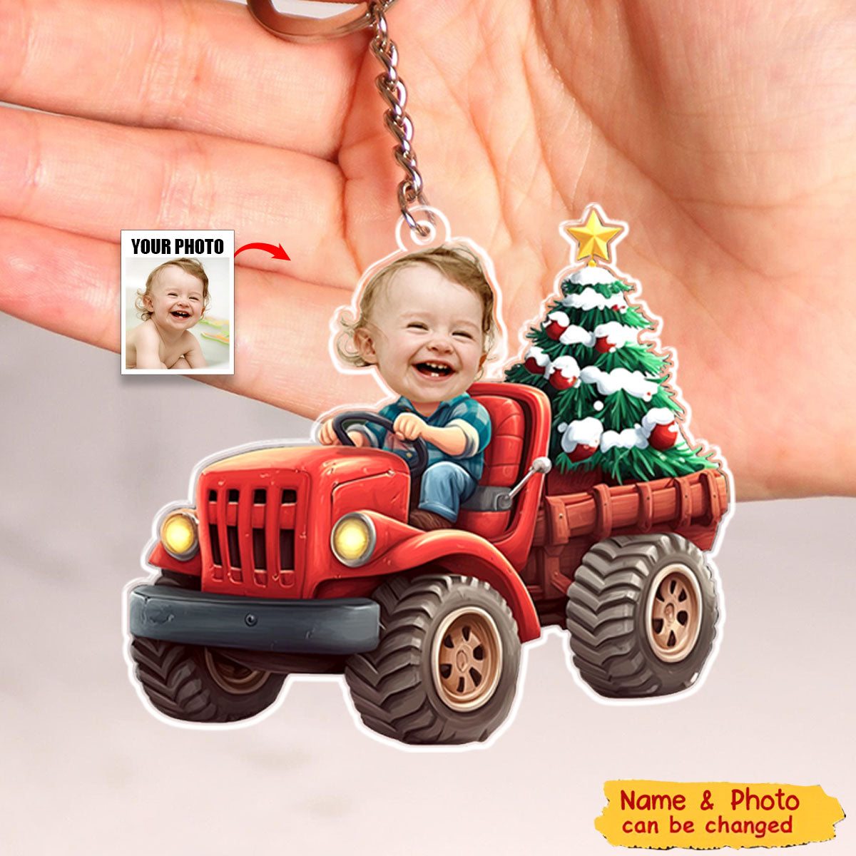 Kids Riding Red Truck With Christmas Tree - Personalized Acrylic Keychain