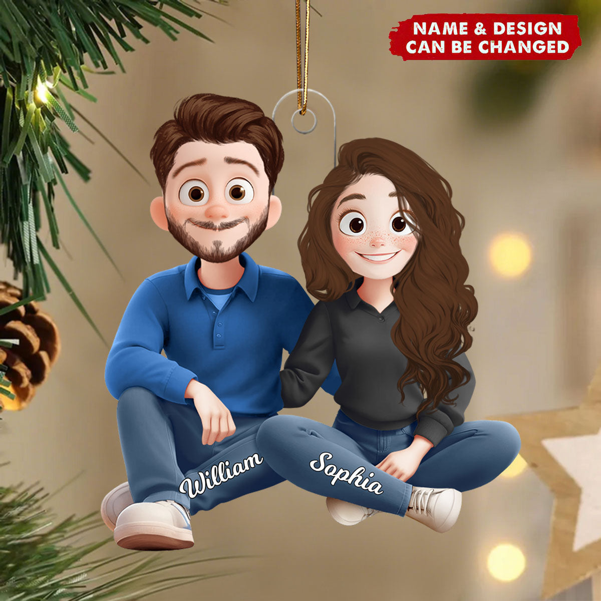New Version Cartoon Couple Sitting - Personalized Acrylic Ornament