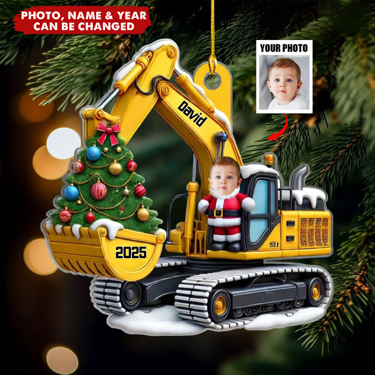 Personalized Xmas Excavator Construction Backhoe Kid Photo Ornament, Gift For Kids