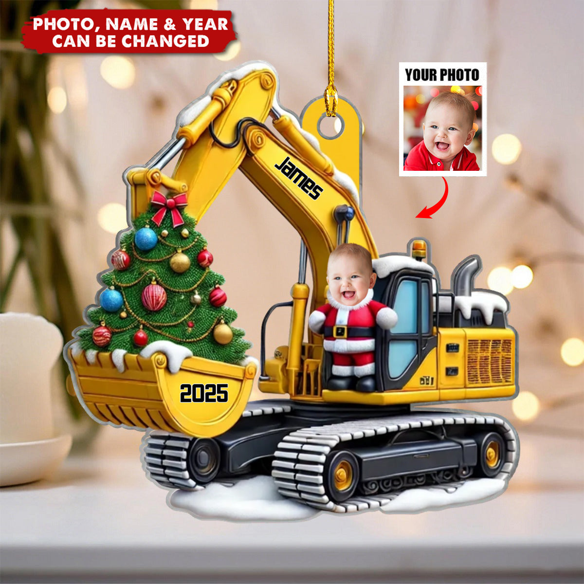 Personalized Xmas Excavator Construction Backhoe Kid Photo Ornament, Gift For Kids