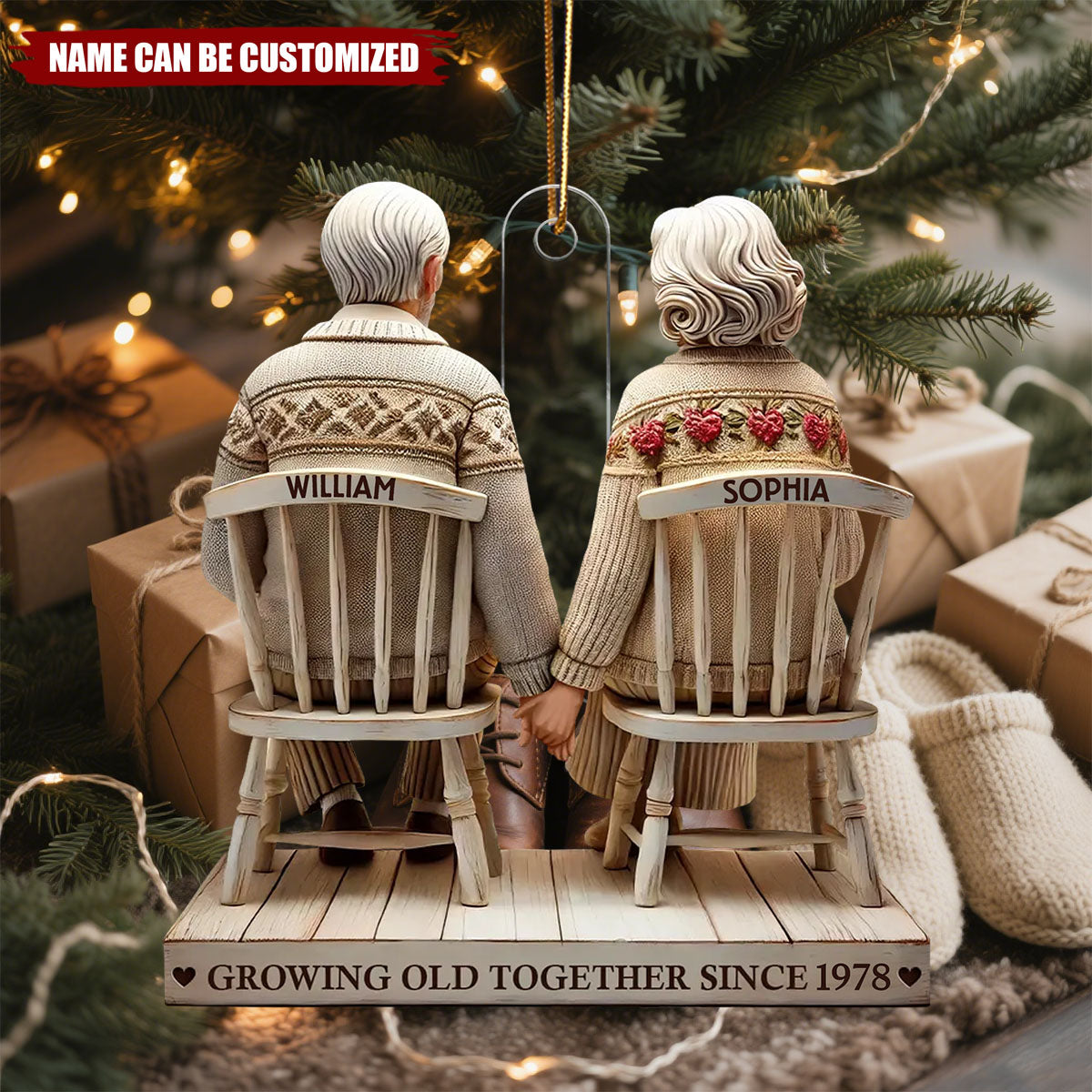 Old Couple Holding Hands Sitting Together - Personalized Acrylic Christmas Ornament, Gift For Couple