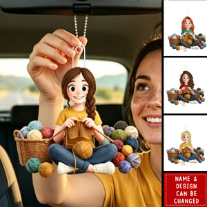 Personalized Acrylic Car Ornament - Cartoon Crochet Knitting Girl Hobby Keepsake