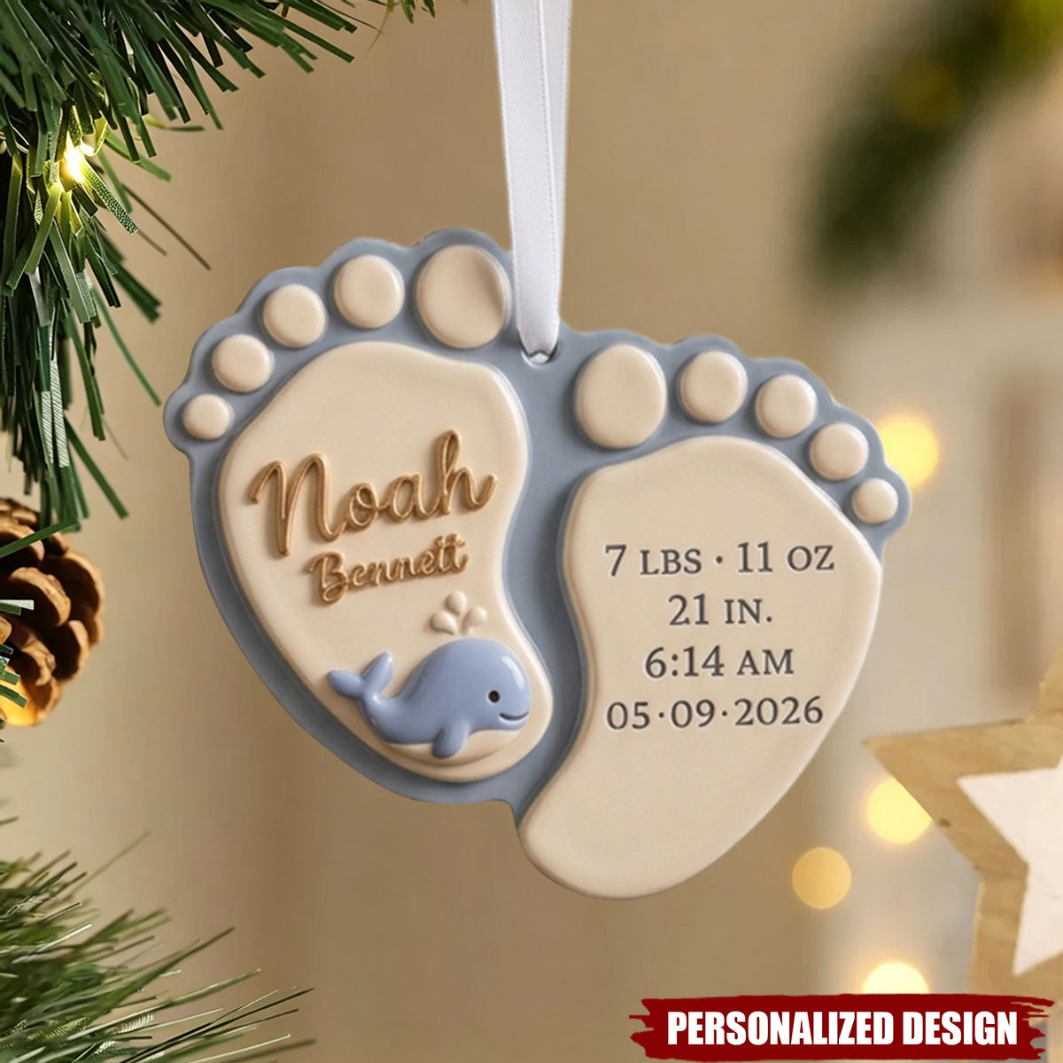 New Baby Ornament - Personalized Baby Footprint Birth Stats Ornament