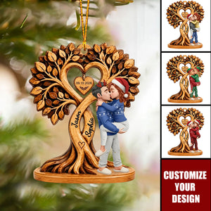 Custom Christmas Couple Kissing Couple Under Heart Tree - Personalized Wooden Ornament
