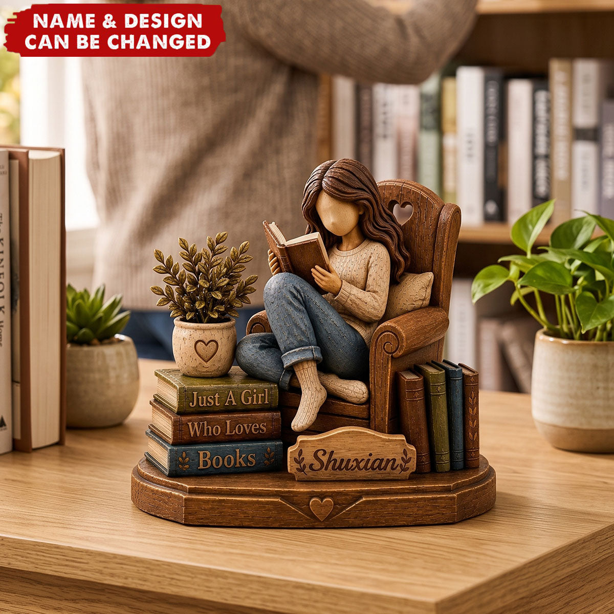 Personalized Wooden Figure For Reading Lover, Custom Personalized Reading Girl Desk Decoration