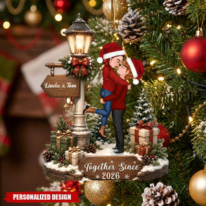 Couple Kissing Under a Streetlamp – Personalized Hanging Christmas Ornament, Gift for Her, Gift for Him