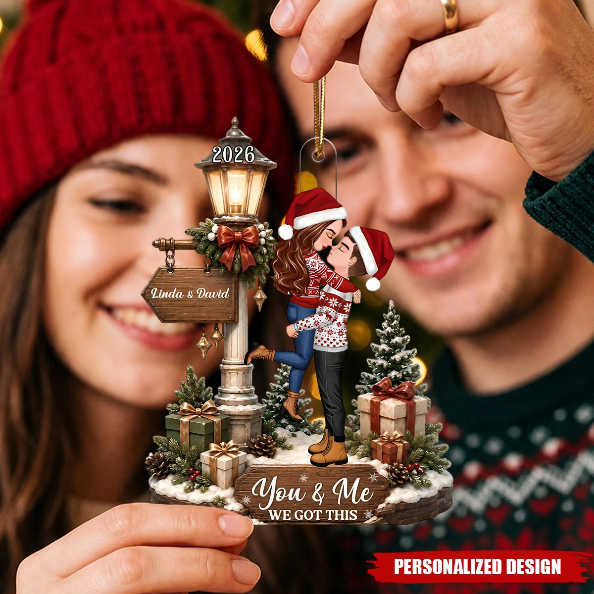 Couple Kissing Under a Streetlamp – Personalized Hanging Christmas Ornament, Gift for Her, Gift for Him
