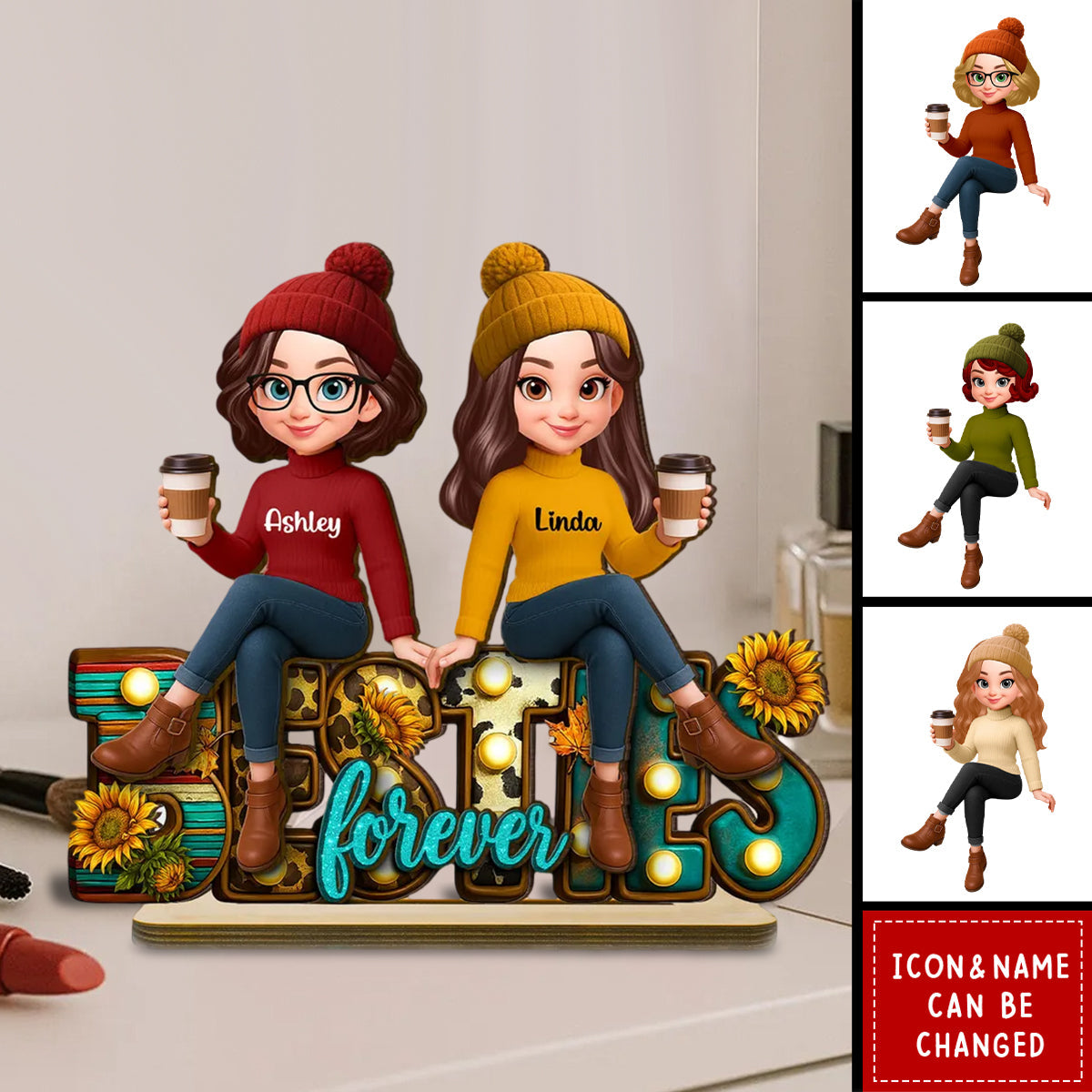 Western Fall Vibe Besties Sitting Personalized Standing Wooden Plaque, Fall Gift for Best Friends