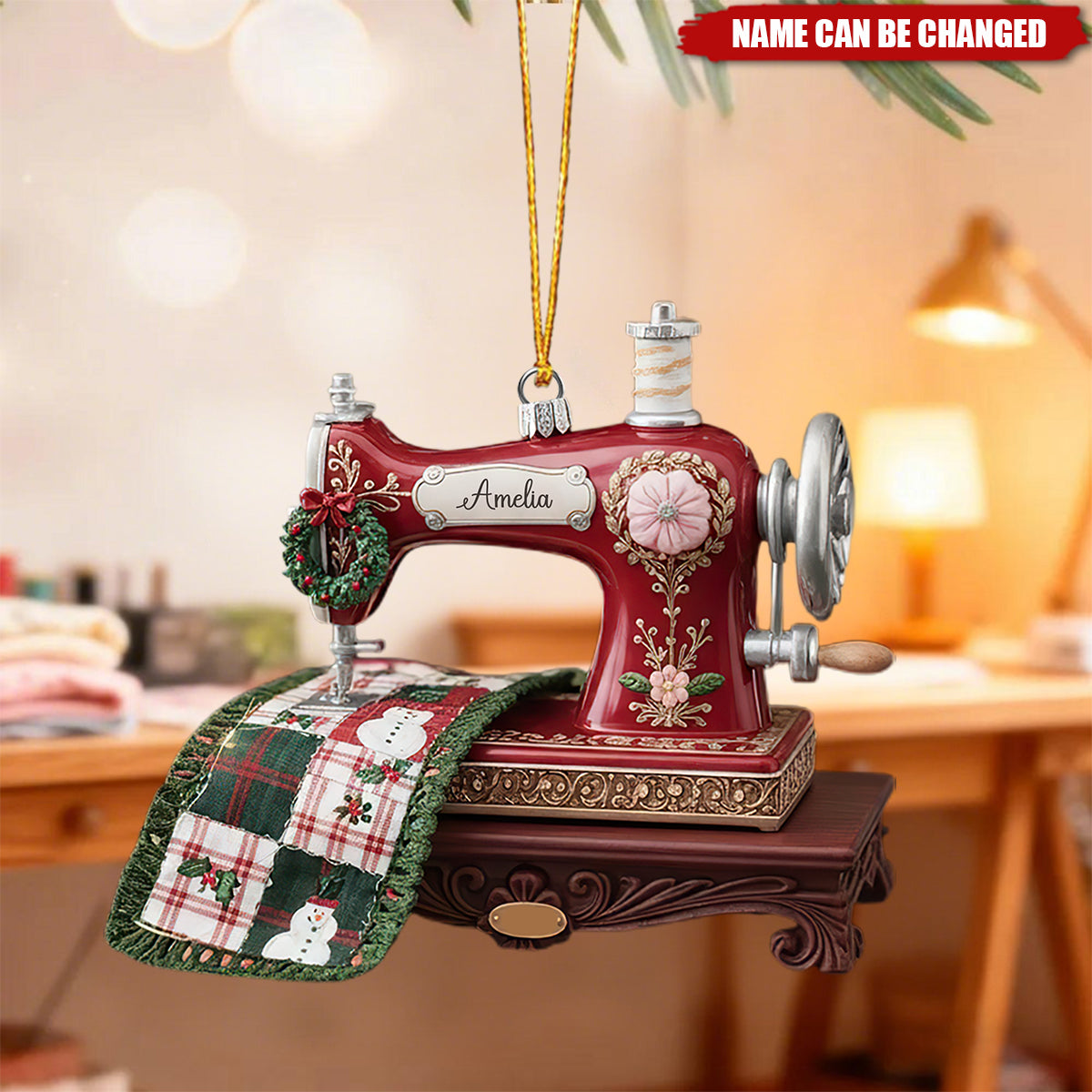 Personalized Sewing Machine Acrylic Ornament,  Quilter Christmas Tree Ornament, Quilting Studio Ornament Tree Decor