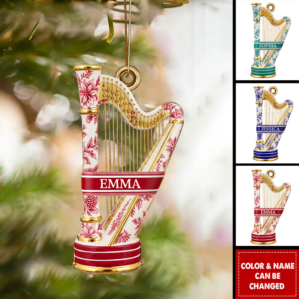 Harp Toile de Jouy Ornament - Personalized Gift For Music Lovers