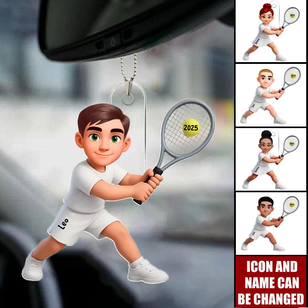 Girl Boy Playing Tennis - Personalized Acrylic Car Ornament - Gift For Tennis Players, Grandson, Granddaughter