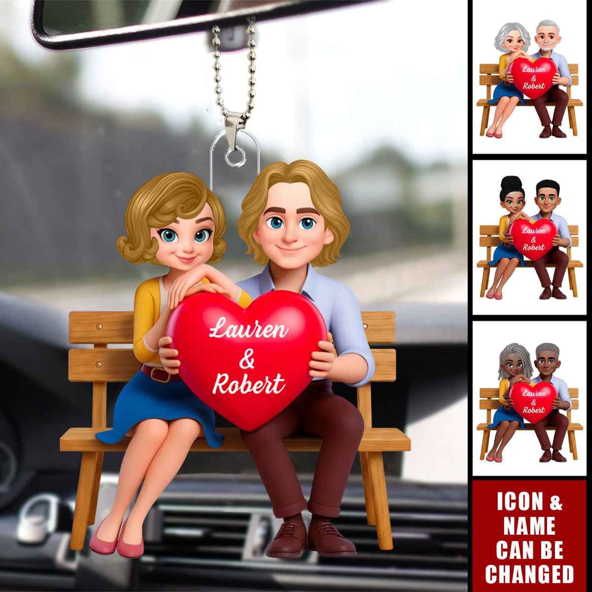Couple with Red Heart - Personalized Car Ornament - Gift for Her, for Him
