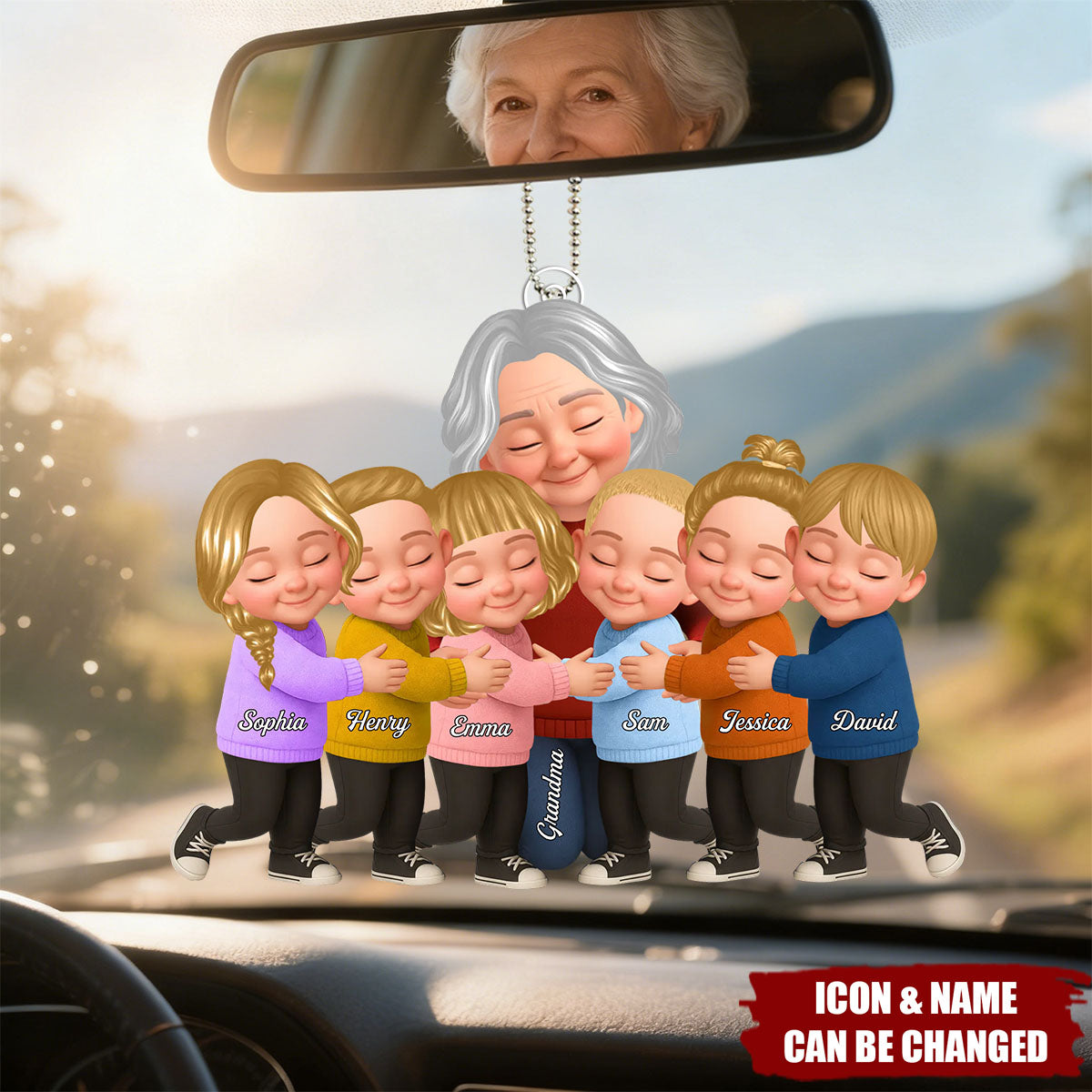 Grandma And Grandkids Under Blossom Tree - Personalized Car Ornament