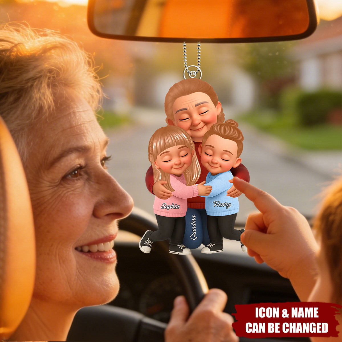 Grandma And Grandkids Under Blossom Tree - Personalized Car Ornament