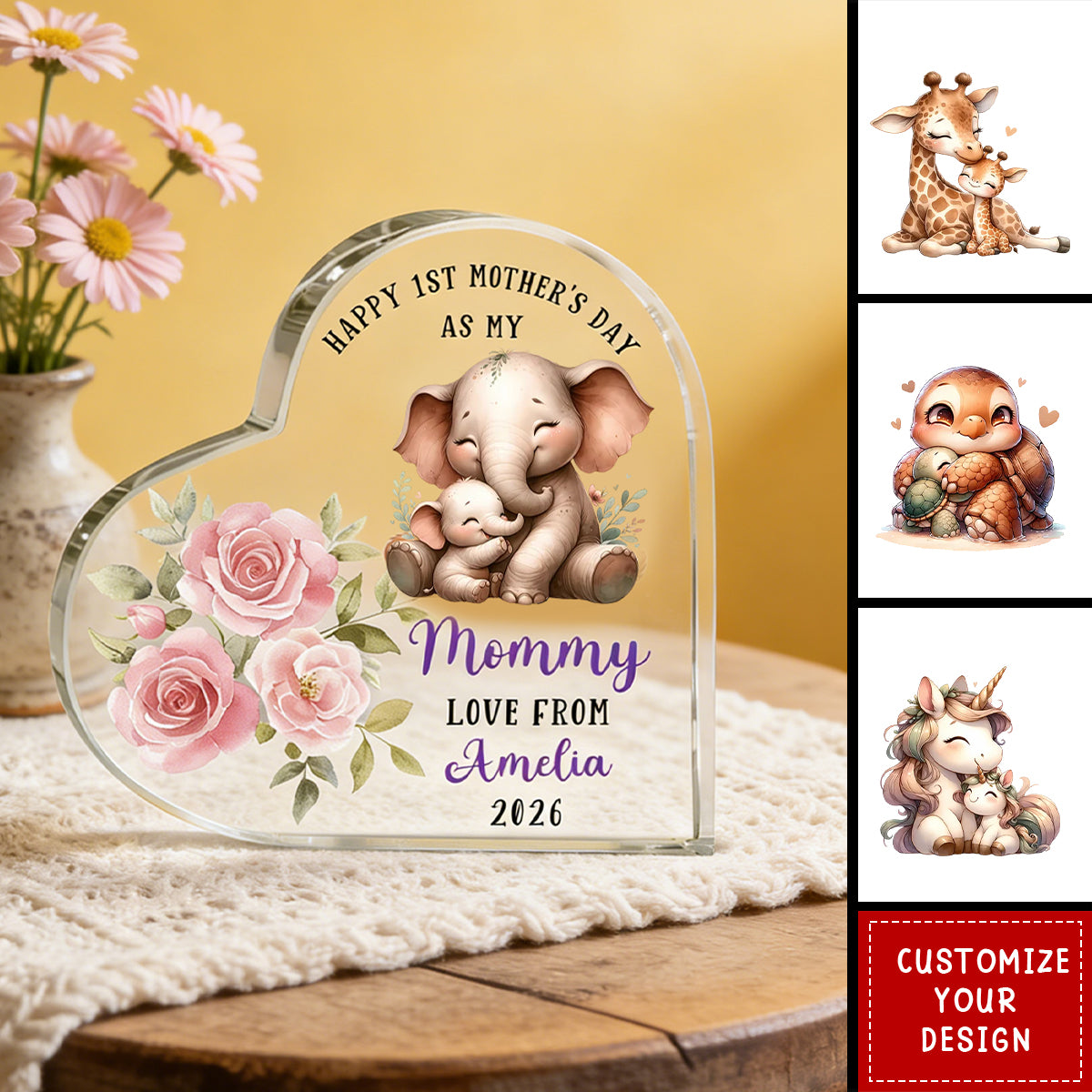 Personalized Happy 1st Mother's Day Cute Animal Heart-shape Acrylic Plaque