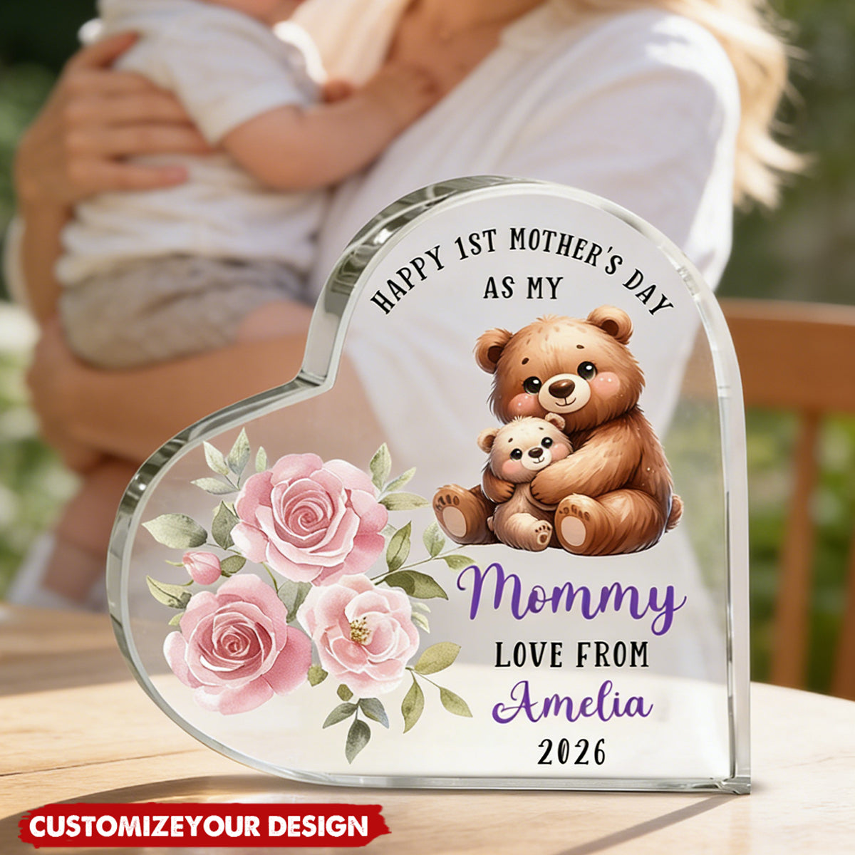 Personalized Happy 1st Mother's Day Cute Animal Heart-shape Acrylic Plaque