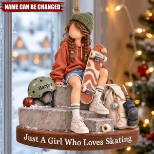 Personalized Christmas Ornament Featuring A Skateboard Girl